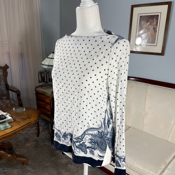 Zara Paisley & Geometric Polkadot Long Sleeve White & Blue Pattern Blouse Medium - Picture 4 of 12